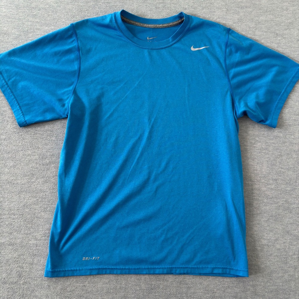 Nike Dri-FIT Mens Blue Short Sleeve Athletic Training Shirt Silver Swoosh XL